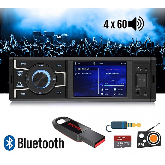 Radio-USB 1-DIN 4 ιντσών με Bluetooth MP3 Video (έγχρωμη οθόνη 1DIN multimedia ηχοσύστημα ράδιο αυτοκινήτου ανοιχτή ακρόαση 4x60W MP3 MP5 microSD universal) S1